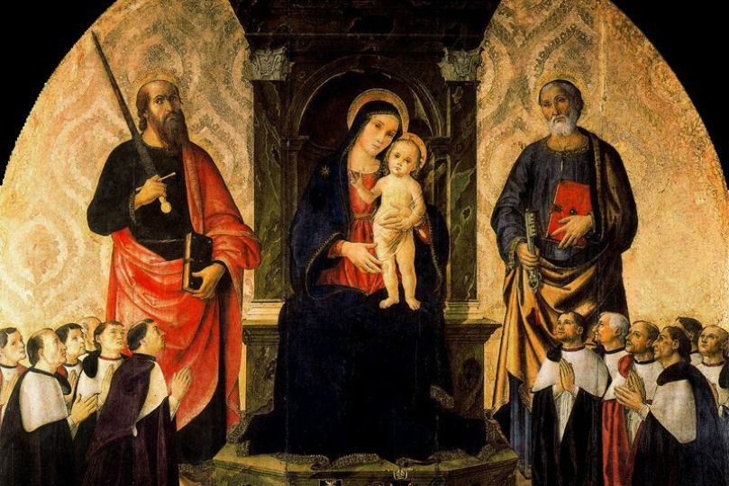 Антониаццо Романо. Дева Мария между Петром, Павлом и 12 магистрами Римской роты. 1485.