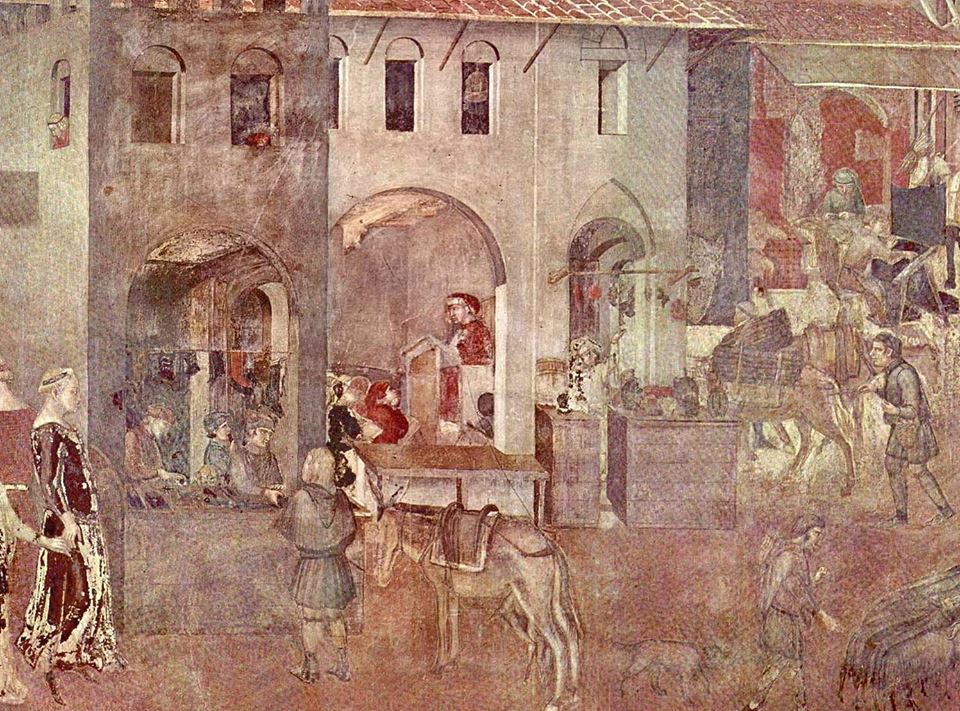 А. Лоренцетти "Плоды доброго правления" (фреска, деталь. 1337-1339 гг. Сиена, Палаццо Пубблико)